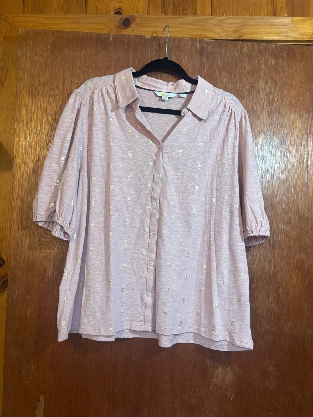 Boden Light Pink Button-Front Blouse with Gold Foil Dots